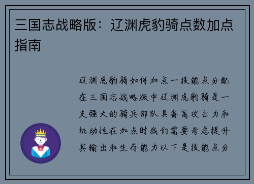三国志战略版：辽渊虎豹骑点数加点指南
